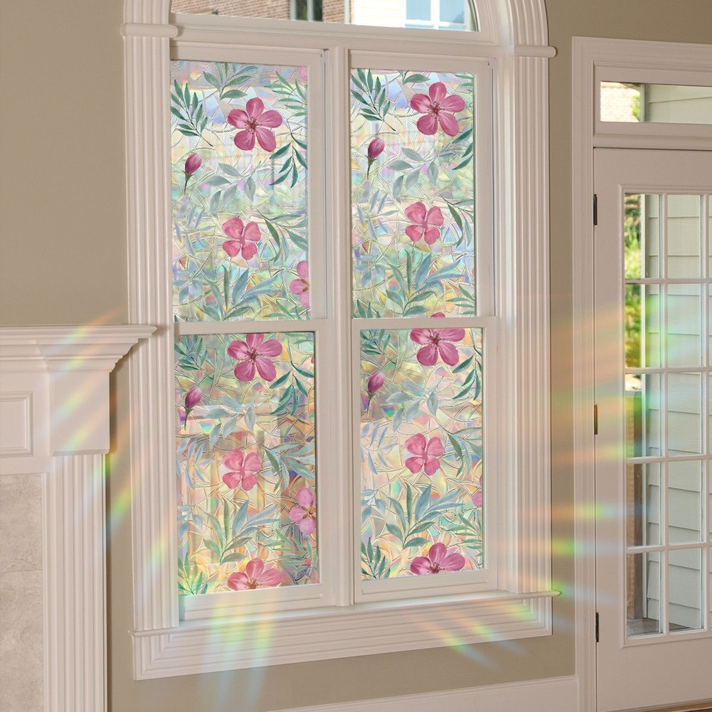 Home Bathroom Partition Wall - Colorful Floral Window Film Sun Blocking