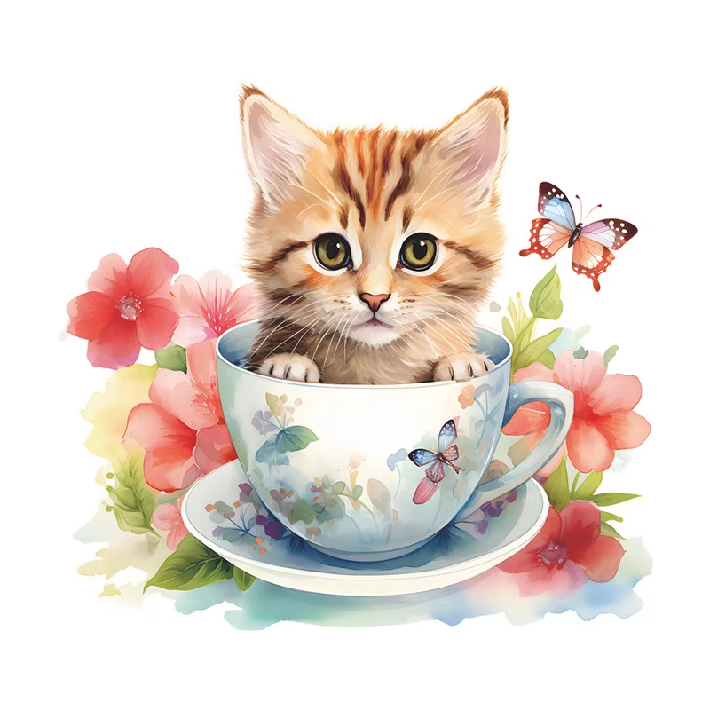Home Bathroom Tiles - Teacup Cat Flower Wall Stickers Decorative