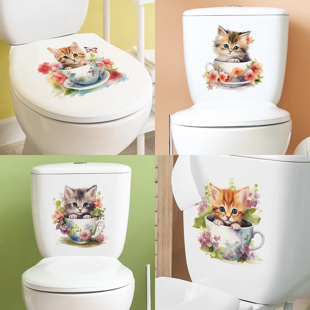 Teacup Cat Flower Wall Sticker - Home Bathroom Tiles 评论和价格